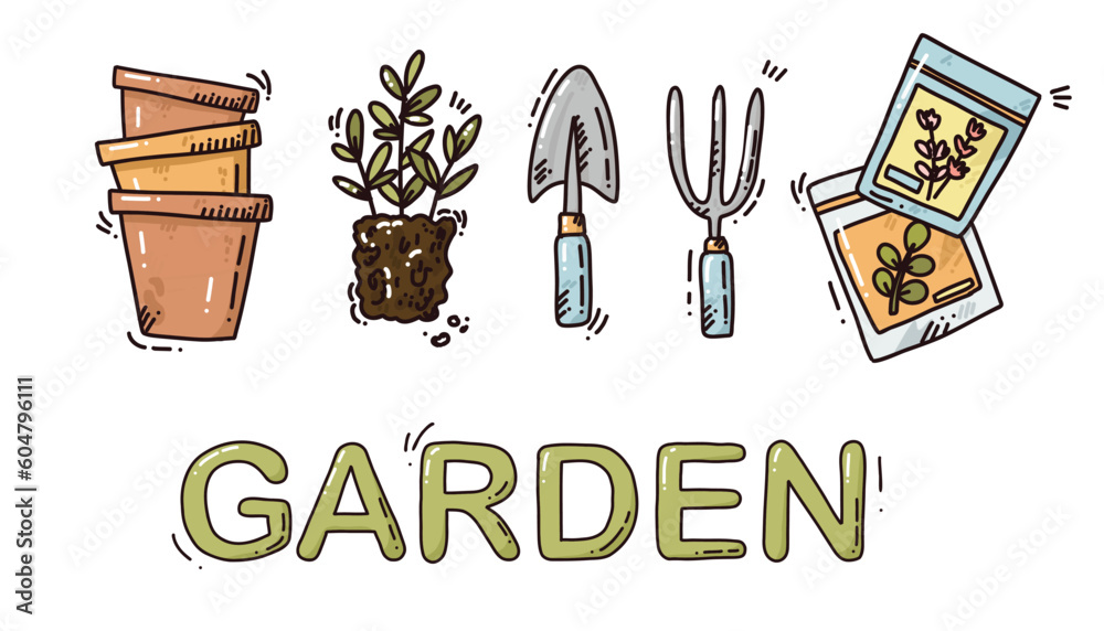 cute card of garden tools and plants