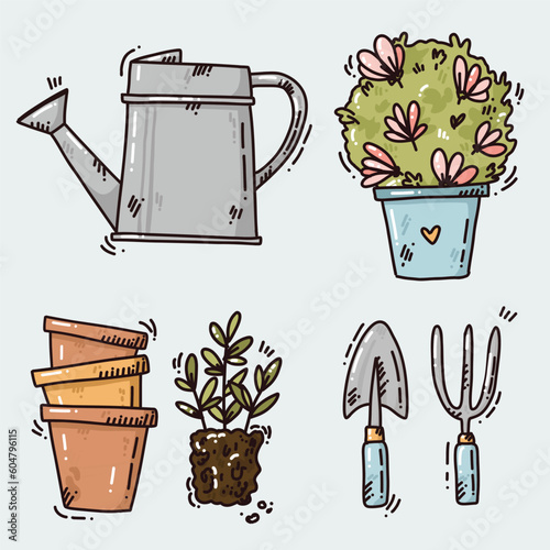 cute card of garden tools and plants
