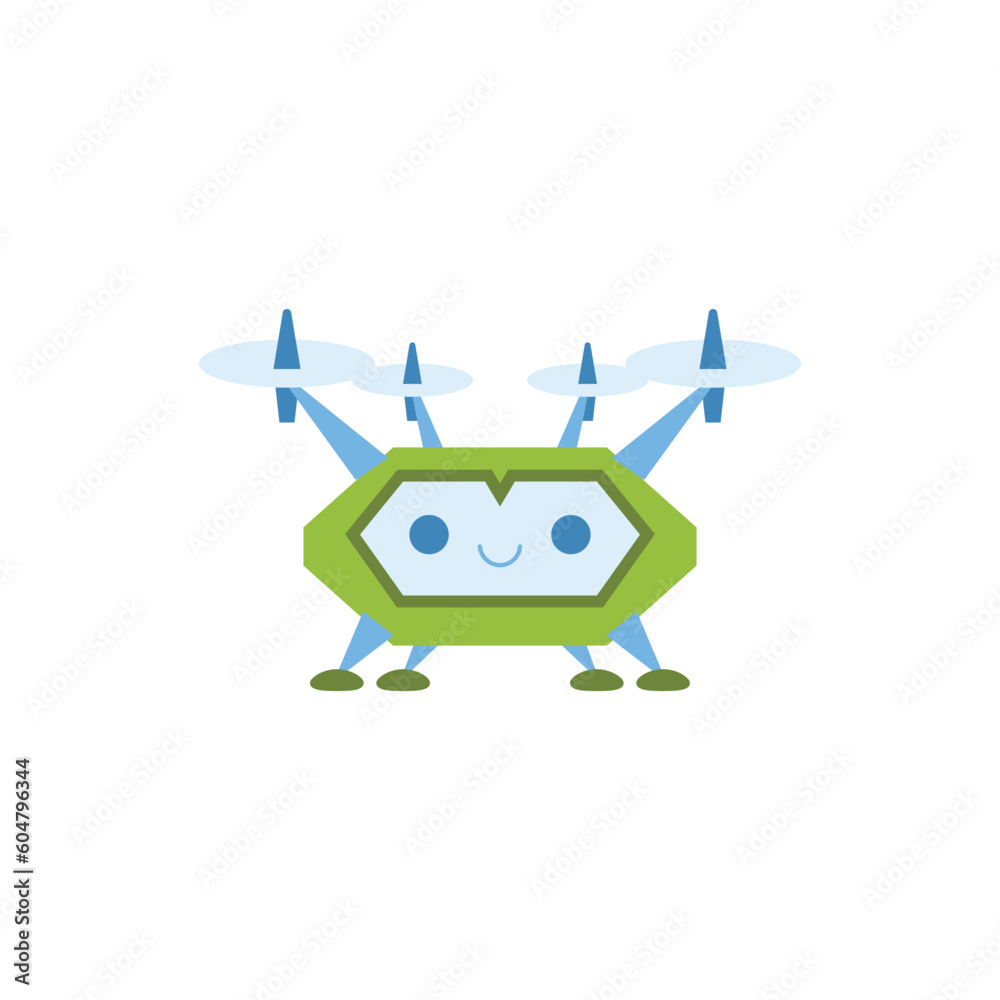 Cute flying robot or drone with cheerful face, cartoon flat vector ...