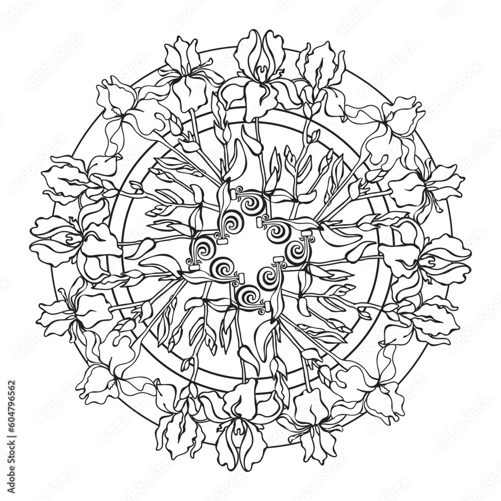 Fototapeta premium Irises. Floral mandala with tropical flowers. Coloring page. Vector illustration.
