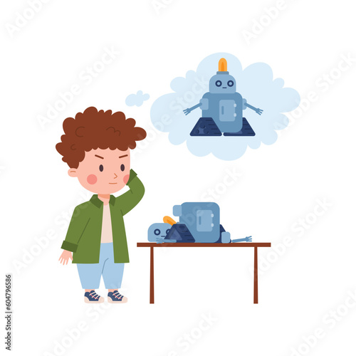 Puzzled kid boy thinking how build robot flat style, vector illustration