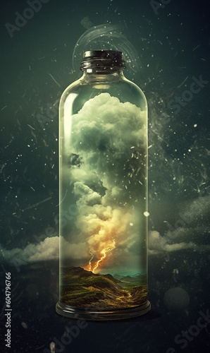 A tornado] + in a bottle, stormy background,Generative AI