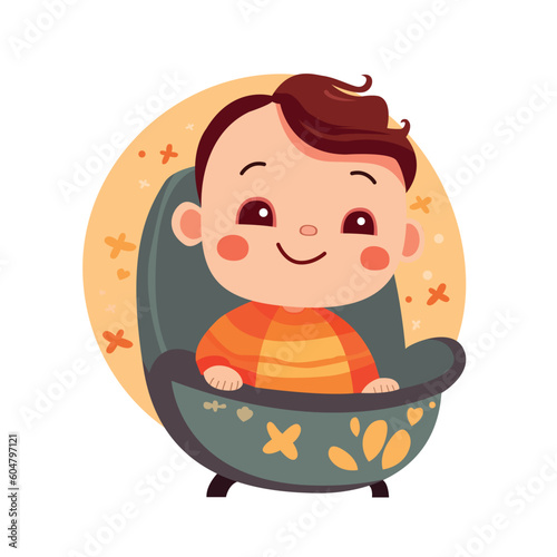 A baby in a baby seat with a yellow circle on the bottom.