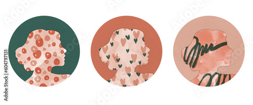 Canvas Print Trois profils d’un visage de femme aux motifs rose, pêche et vert: cœur, trait e