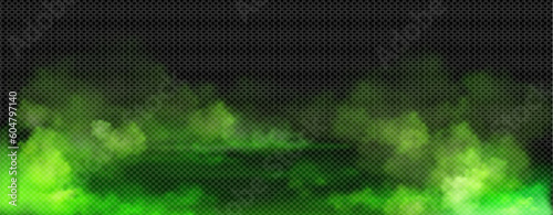 Realistic green gas clouds on transparent background. Vector illustration of toxic fog, evil magic mist, poisonous evaporation, color powder, stinky odor waves, mysterious Halloween glow, dirty fume photo