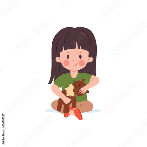 Naughty angry kid girl destroying her toy flat vector illustration isolated.
