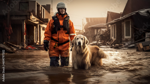 Volunteers resque dogs in flooded zone, natural disaster resque efforts, generative AI illustration photo