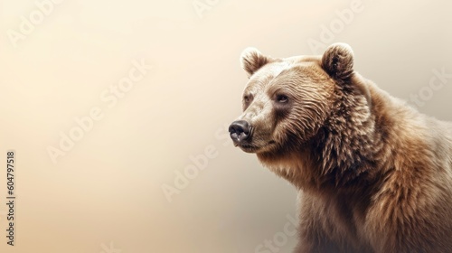 Head of furry Bear looking lateral with copy space for advertisement. Space background for banner text. Generative AI