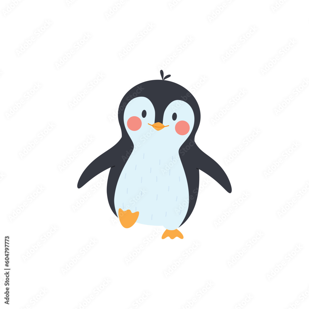 Fototapeta premium Funny comic penguin simple cartoon character flat vector illustration isolated.