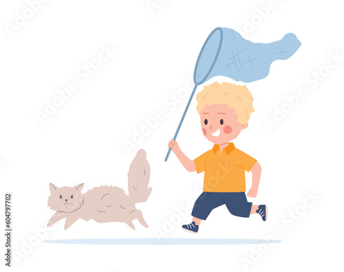 Naughty child chasing cat with sack, cartoon flat vector illustration isolated on white background.