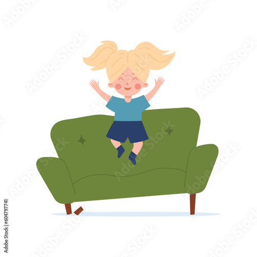 Naughty unruly kid girl jumping on sofa flat vector illustration isolated.