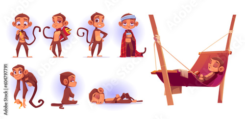 Cartoon set of cute monkeys isolated on white background. Vector illustration of funny animal character eating banana, smiling, lying on branch, suffering headache, sleeping in hammock, sitting angry
