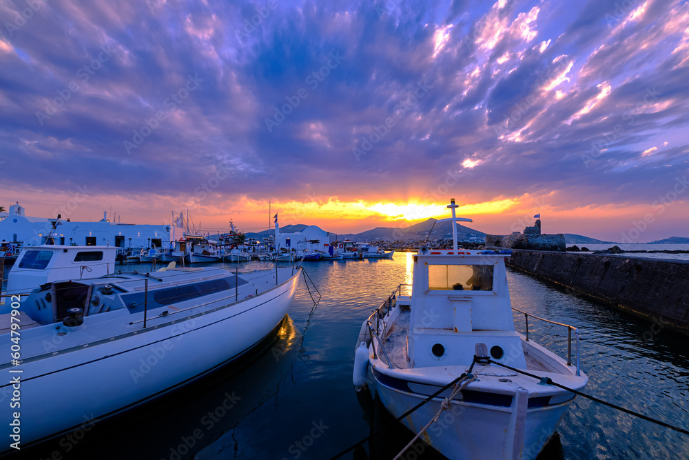 Colorful sunset in fishermen village and harbour.