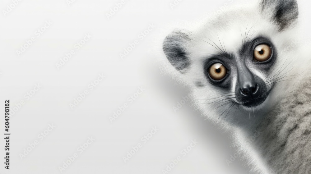 Head of furry Lemur looking lateral with copy space for advertisement. Space background for banner text. Generative AI