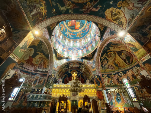 Perspective looking up to the detailed underside of the dome in an orthodox church with beautiful iconographic paintings on the dome and altar in Titan,  Bucharest, Romania.