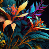 Original floral design with exotic flowers and tropic leaves. Colorful flowers on dark background closeup.