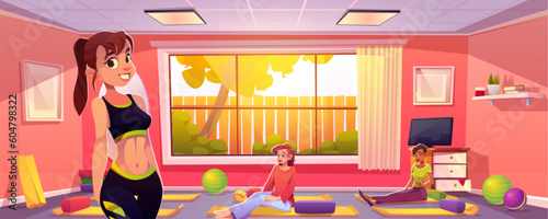 Woman group in yoga studio pose on a mat and stretching cartoon vector illustration. Trainer character in pink pilates room doing sport workout together with female people on sunny day near window.