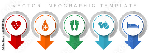 Hospital icon set, miscellaneous pointer icons such as heart pulse, blood donation, footprint, drugs and bed for webdesign and mobile applications, modern design infographic vector template