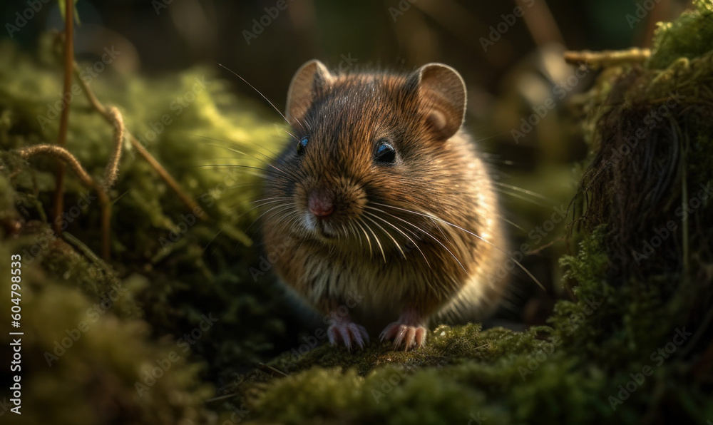 closeup photo of meadow vole on green blurry natural background of its natural habitat. Generative AI