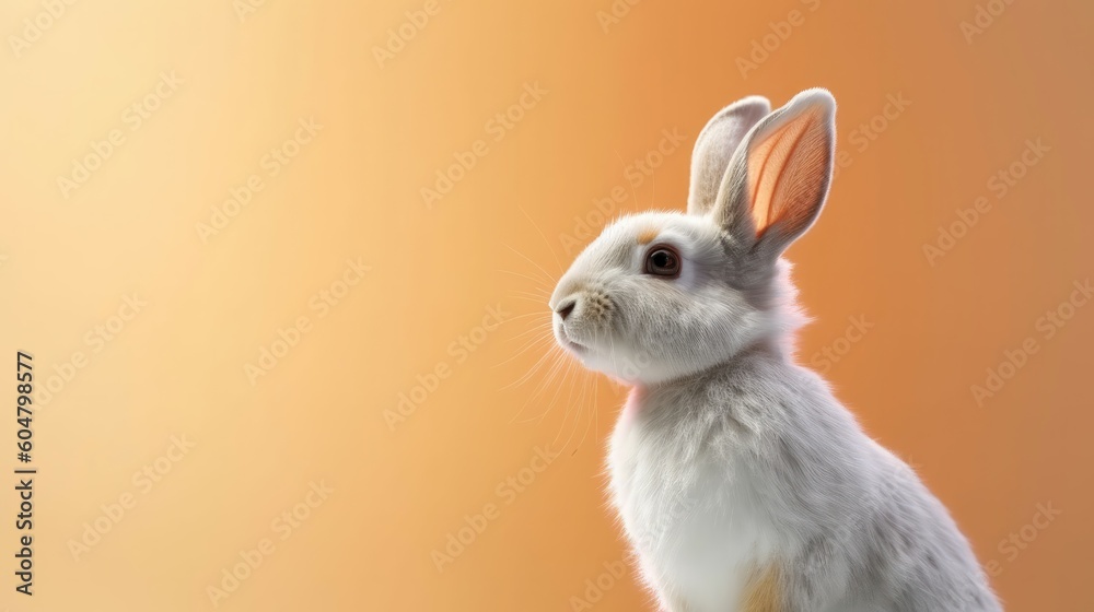 Head of furry Rabbit looking lateral with copy space for advertisement. Space background for banner text. Generative AI
