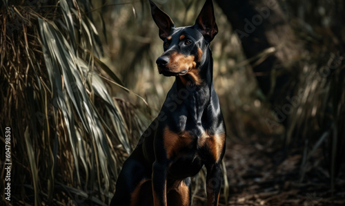 photo of Manchester terrier sitting on a forest path. Generative AI