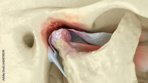 Temporomandibular joints arthritis and dislocated articular disc. Dental 3D animation