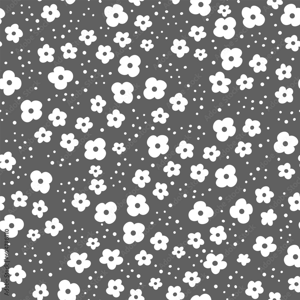 Cute vector pattern. White daisies on a dark gray background. Cheerful children's background 