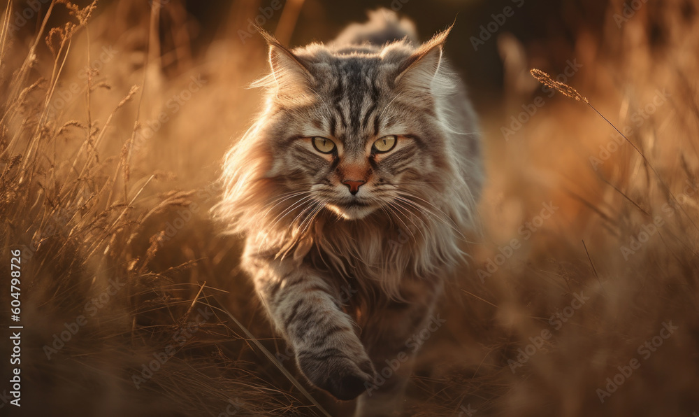 photo of Persian cat walking in tall grass at sunset. Generative AI