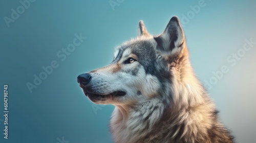 Head of furry Wolf looking lateral with copy space for advertisement. Space background for banner text. Generative AI