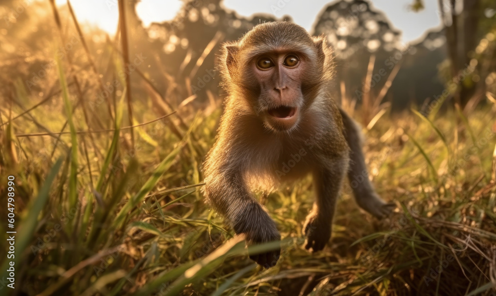 Obraz premium photo of macaque jumping in tall grass at sunset. Generative AI