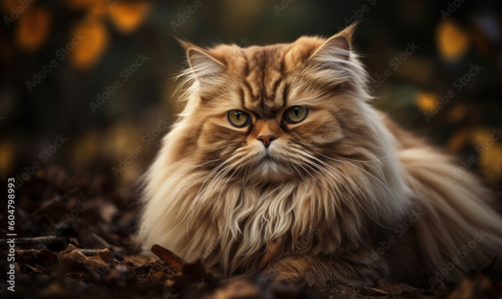 photo of Persian cat outdoors in a forest. Generative AI