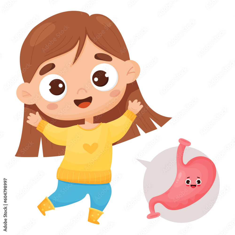 Joyful happy girl and healthy internal human organ stomach. Vector illustration. Cute female character and organ in cartoon style for kids collection, medical anatomical theme design. Joyful happy girl and healthy internal human organ stomach. Vector illustration. Cute female character and organ in cartoon style for kids collection, medical anatomical theme design.