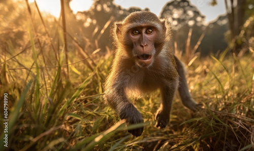 photo of macaque jumping in tall grass at sunset. Generative AI