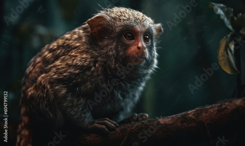 Photo of marmoset, perfectly poised in a lush, tropical rainforest. Generative AI © Bartek