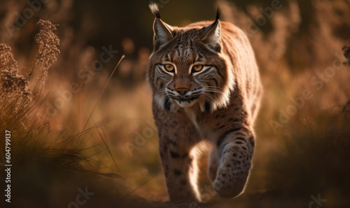 photo of lynx in tall grass at sunset. Generative AI © Bartek
