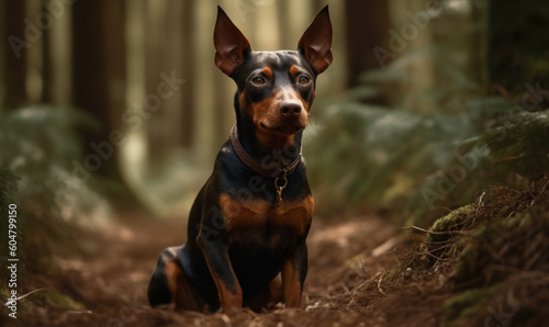 photo of Miniature Pinscher sitting outdoors on a forest path. Generative AI photo