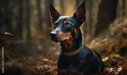 Photo of Manchester terrier, captured in its element with intense focus and agility. The setting is a rugged terrain, where the dog's natural hunting instincts are on full display. Generative AI