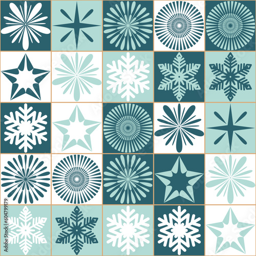 Christmas decoration snowflake crystal snow patchwork square seamless pattern background for christmas party