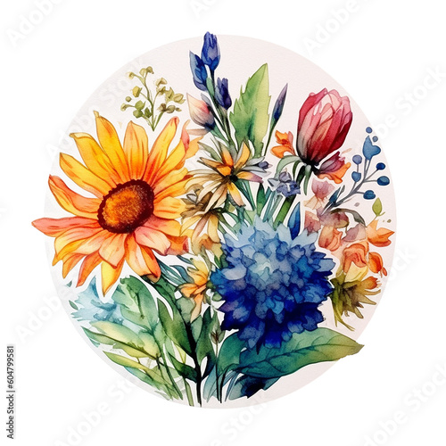 Watercolor flowers in a garden. Tulips, sunflower, grass, leaves photo