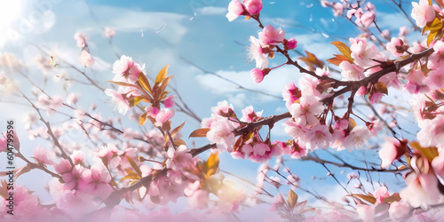 The delicate pink sakura flowers create a dreamy and romantic atmosphere, exuding the essence of the season. Fluttering butterflies gracefully dance amidst the blossoms.