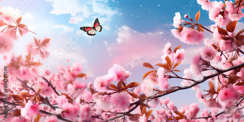 The delicate pink sakura flowers create a dreamy and romantic atmosphere  exuding the essence of the season. Fluttering butterflies gracefully dance amidst the blossoms.