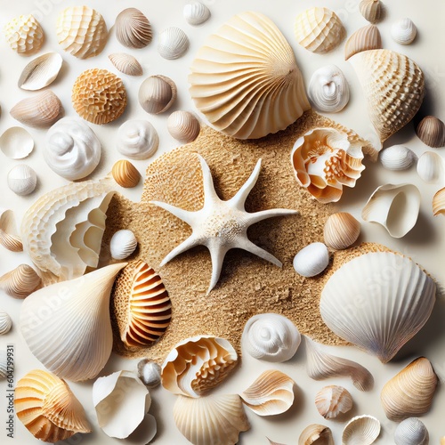 Sea Shell Texture Background, Colorful Seashell Pattern, Sea Shells on Sand, Abstract Generative AI Illustration