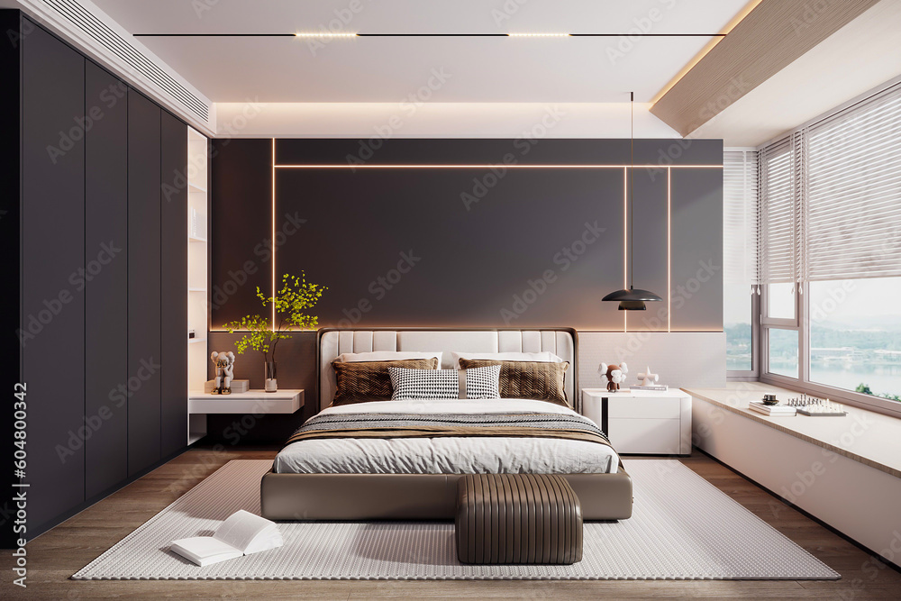3d rendering modern bedroom interior design inspiration Stock