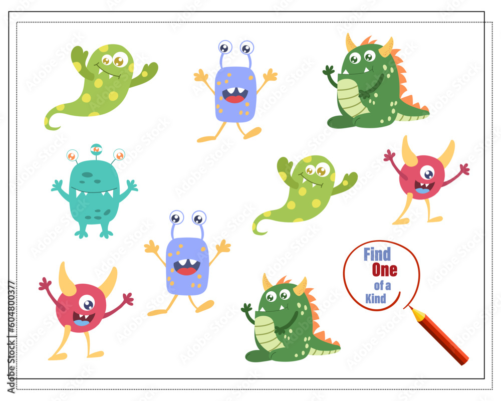Obraz premium Find a couple, educational game for kids, cartoon monsters, aliens