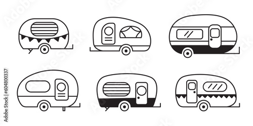 Camper Van trailer set, travel caravan icon doodle