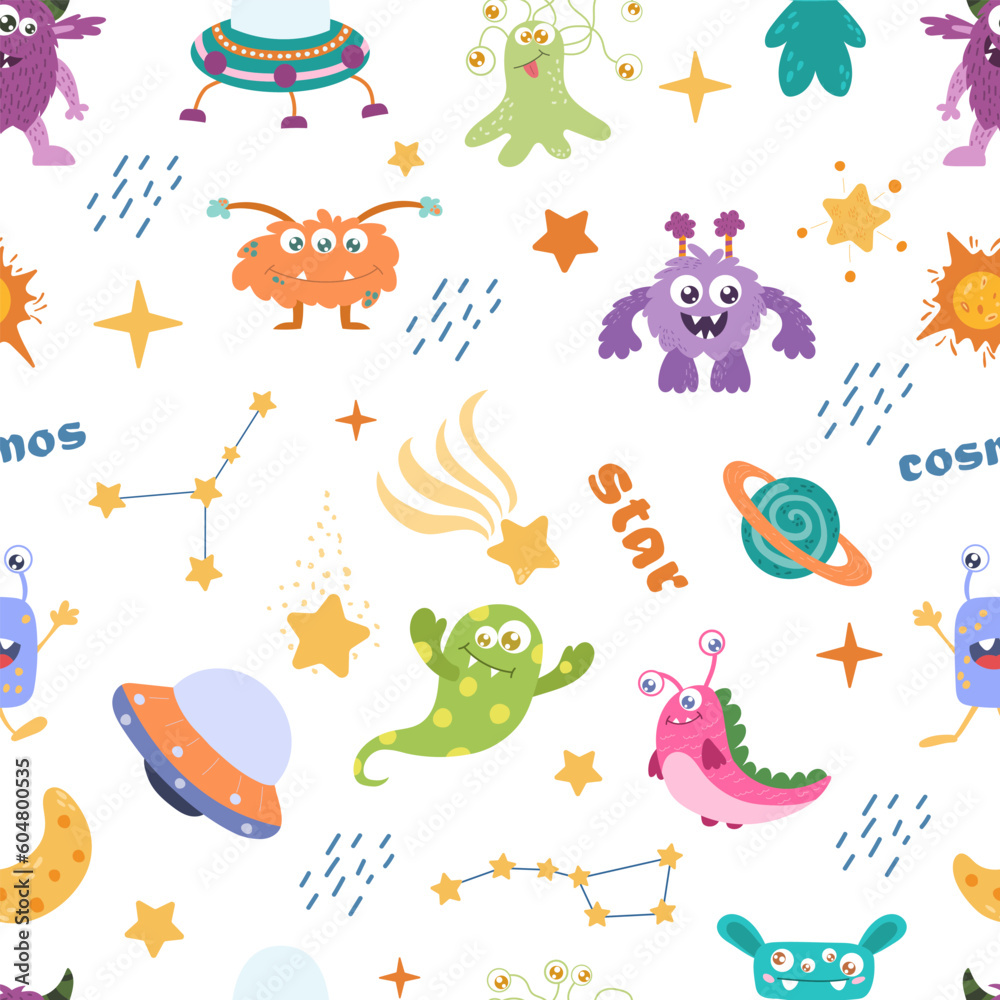 Obraz premium Seamless Space Monsters pattern. Elements of children's space, cute planets and aliens.