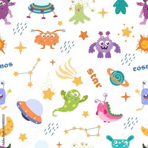 Seamless Space Monsters pattern. Elements of children's space, cute planets and aliens.