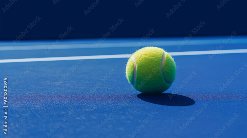 Tennis ball rests on blue tennis court, Generative AI