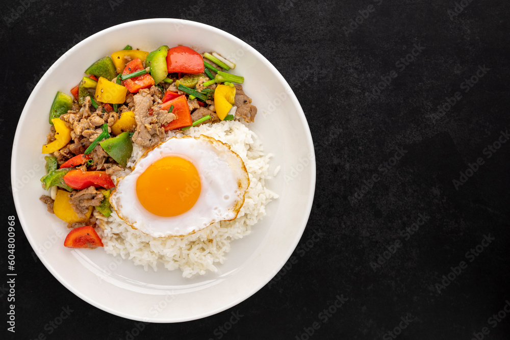 streamed rice topped with stir fried beef with black pepper, red, yellow, green sweet pepper, bell pepper or capsicum, spring onion and egg in ceramic plate on dark tone texture background, top view streamed rice topped with stir fried beef with black pepper, red, yellow, green sweet pepper, bell pepper or capsicum, spring onion and egg in ceramic plate on dark tone texture background, top view