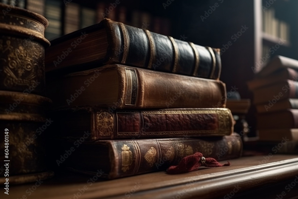 Banner or header image with stack of antique leather books in library. literature or reading concept. - ai . Banner or header image with stack of antique leather books in library. literature or reading concept. - ai .